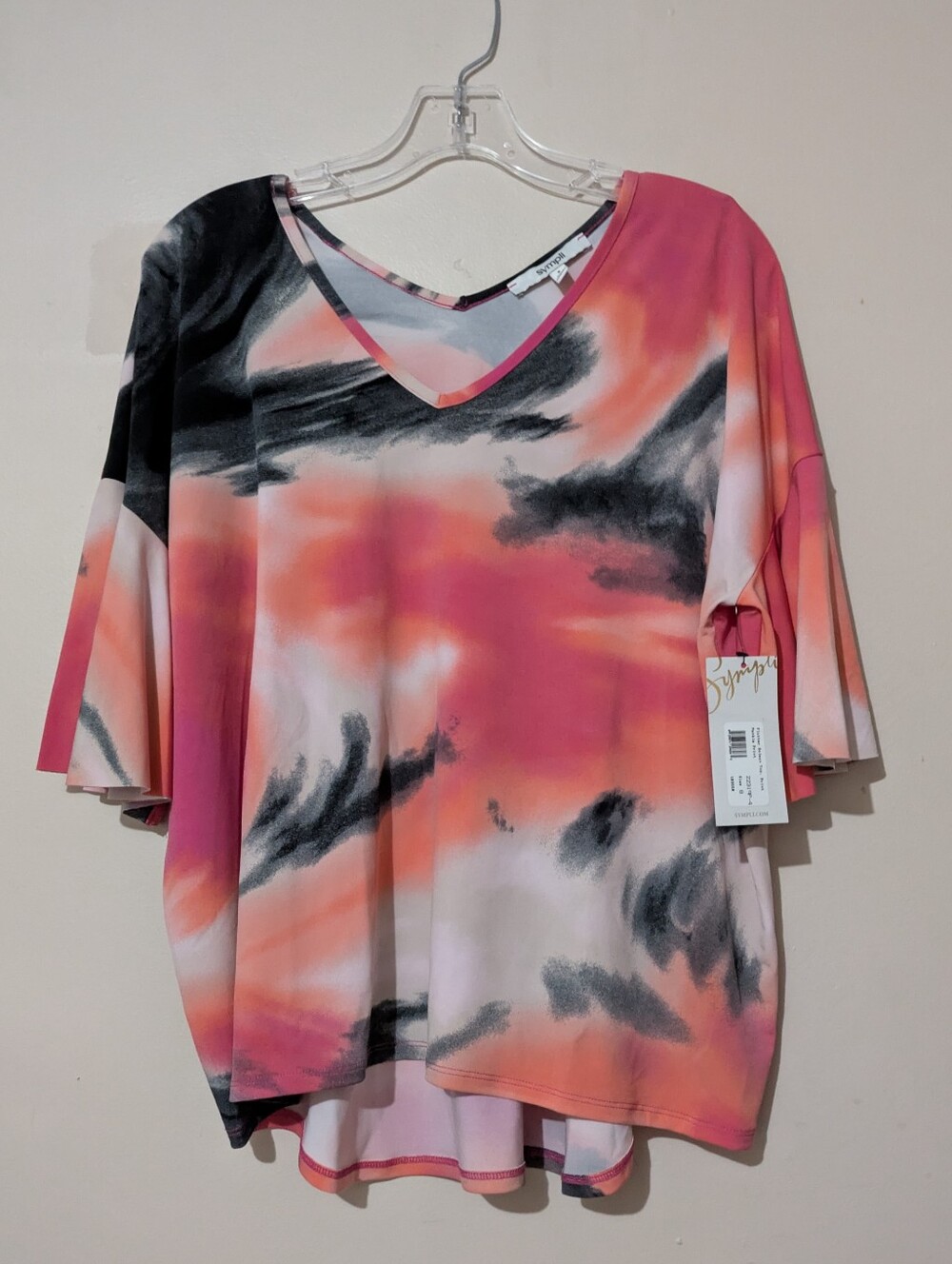 Sympli Coral Pink & Black Abstract V-Neck Flutter Sleeve Tunic